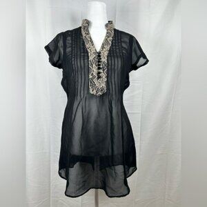 Taurus Black Sheer Embroidered Tunic Size Medium 36 Pintuck